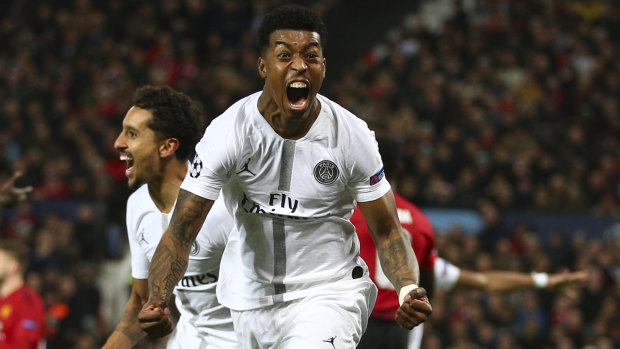 Jubilation: Presnel Kimpembe celebrates the opener in PSG's 2-0 Champions League win over Manchester United.
