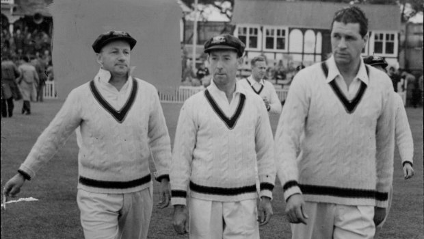 Don Bradman, left, leads Australia on to the field for their tour match with Worcestershire during The Invincibles tour in 1948.