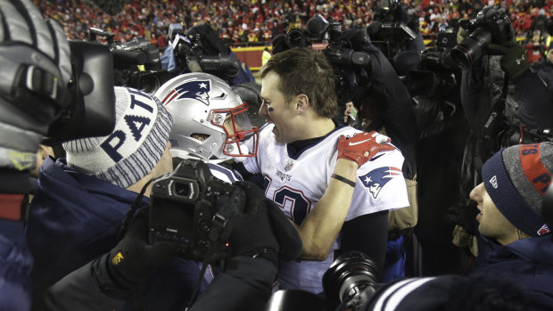 Here we go again: Tom Brady and Chris Hogan celebrate after beating the Chiefs. 