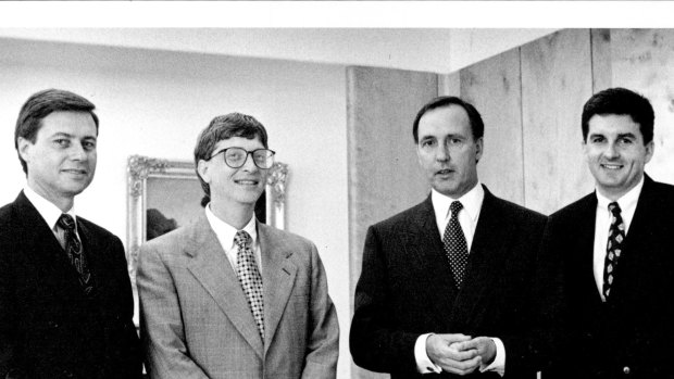 Bill Gates with then Prime Minister Paul Keating and  Daniel Petre (far right)