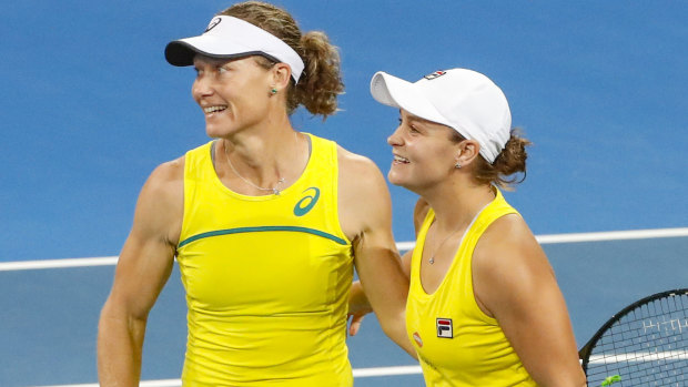 After being forced into a doubles decider, Ash Barty and Sam Stosur pulled off a semi final win over Belarus to seal a spot in the final.