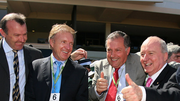 From left to right: trainer David Hayes celebrates Miss Finland's 2006 Crown Oaks win with her owners John Leaver, John Messara and Alan Jones.