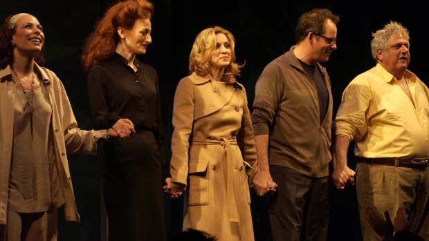 Madonna (centre) and the cast of Up For Grabs take their bow at Wyndham’s Theatre, London, in 2002. The role of a manipulative art dealer trying to sell a Jackson Pollock painting was Madonna’s West End stage debut. 