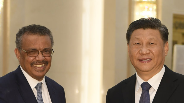 Tedros Adhanom Ghebreyesus, director-general of the World Health Organisation, with Chinese President Xi Jinping in Beijing on January 28.
