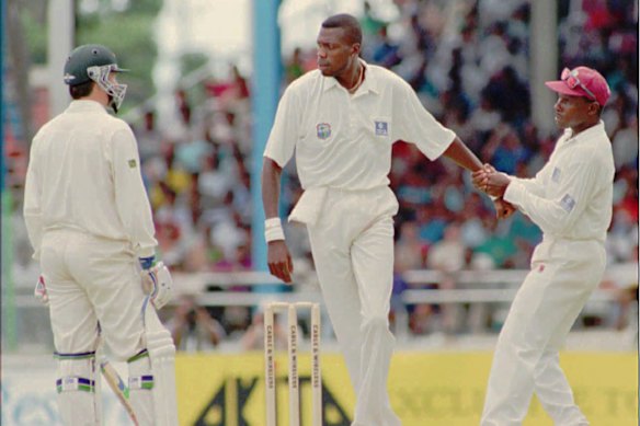 The West Indies were once the kings of cricket until Steve Waugh (left) and the Australians took the fight to them, including quick Curtly Ambrose (centre). Skipper Richie Richardson had to pull his paceman away from an altercation with Waugh at the Queen’s Park Oval in Port of Spain, Trinidad.
