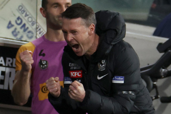 Craig McRae, Senior Coach of the Magpies reacts on the final siren.