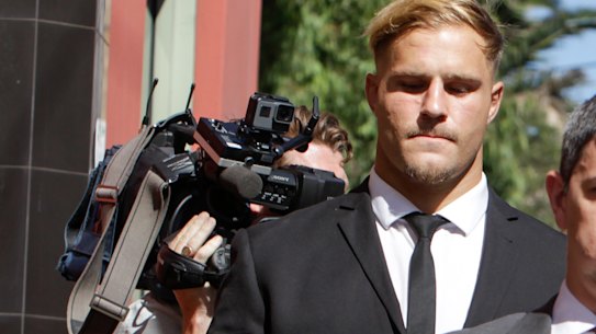 Not-guilty plea: Jack de Belin leaves Wollongong Courthouse after the start of his sexual assault case. 