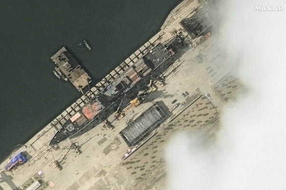 This satellite image provided by Maxar Technologies shows North Korea’s new naval destroyer on May 18, 2025, in Chongjin, North Korea.