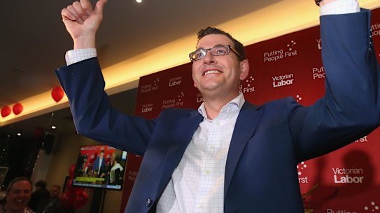 Premier Daniel Andrews celebrating the historic election win. Labor expects to lose a swag of seats it "accidentally" won in a landslide. 