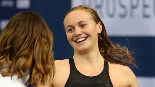 Ariarne Titmus is interviewed by  Giaan Rooney after winning the 200m freestyle.