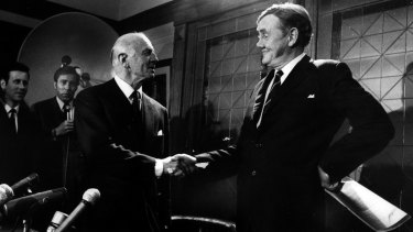 In 1971, a party room confidence vote in John Gorton, right, was tied. He stepped aside to be replaced by William McMahon, left.