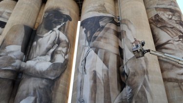 A giant mural on silos in Brim, north-western Victoria.