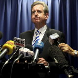 Barry O’Farrell holding a press conference the day before he resigned.