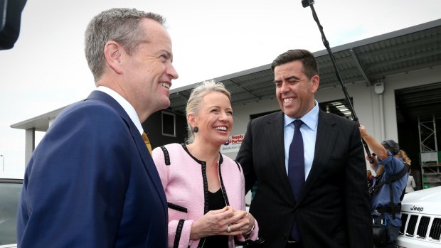 Opposition Leader Bill Shorten, Chloe Shorten and ALP member for Oxley, Milton Dick.
