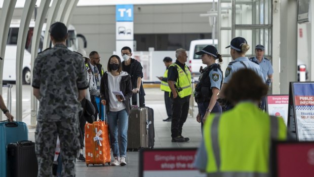 Passengers arriving at Sydney International Airport being transported to hotel quarantine in April.