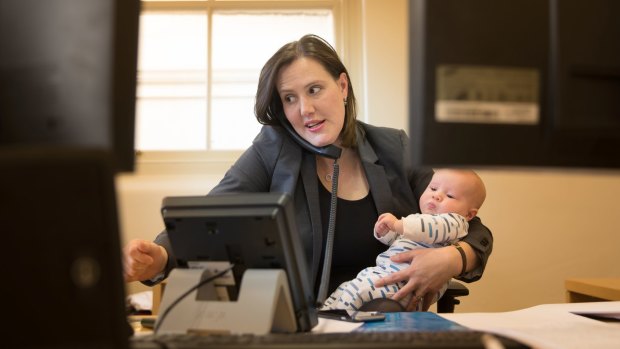 Kelly O'Dwyer at work with  son Edward after his birth in 2017.