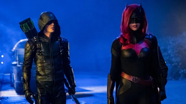 Batwoman (Ruby Rose, right) with Green Arrow (Grant Gustin) in the DC Comics Elseworlds crossover TV event.