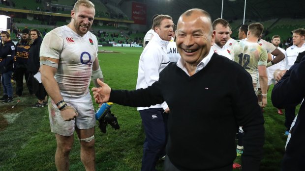 Fitting tribute: Eddie Jones, pictured here after England's victory in the second Test against Australia in 2016, thinks the Indigenous jersey's Twickenham debut is a "great idea".