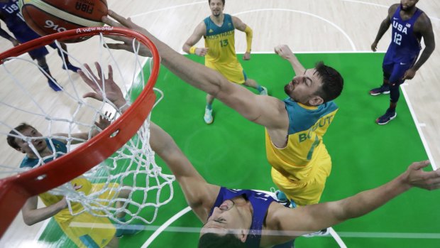 Andrew Bogut, right, tries to block a shot by Klay Thompson of the US during a game at the 2016 Olympics in Rio de Janeiro.