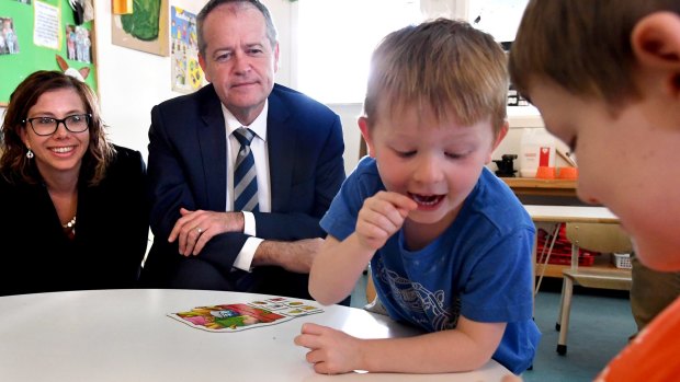 Labor leader Bill Shorten, with his early childhood education spokeswoman Amanda Rishworth, has pledged to lift funding for preschool education. 