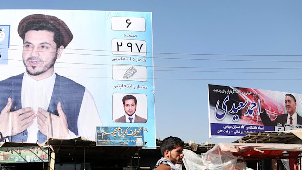 A campaign poster of the parliamentary candidate Fida Mohammad Olfat Saleh  for the upcoming election in Kabul, Afghanistan.