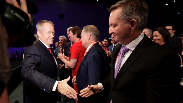 Opposition Leader Bill Shorten and shadow treasurer Chris Bowen at Labor's national conference on Sunday.