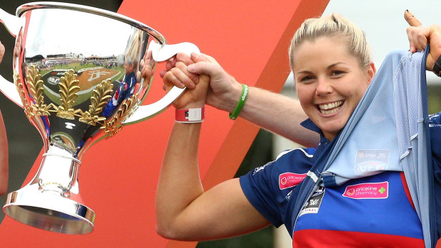 Belated victory:  Skipper Katie Brennan after Bulldogs AFLW premiership win.
