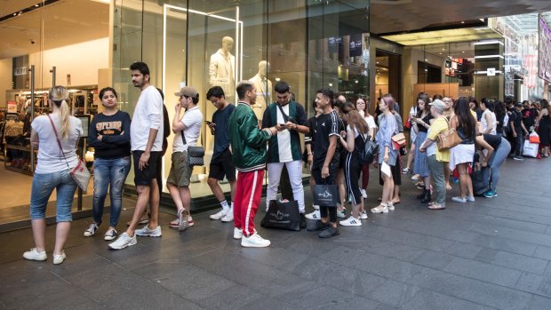 Ready to go: Shoppers line up at Pitt Street Mall waiting for Zara to open.