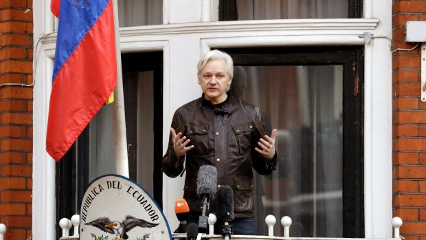 WikiLeaks founder Julian Assange on the balcony of the Ecuadorian embassy, May 2017.