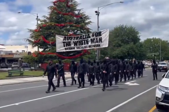 A neo-Nazi group made an unannounced walk through Ballarat on Sunday.