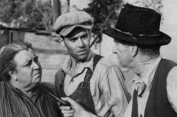 In the John Ford film of John Steinbeck's <i>The Grapes of Wrath</I>, Henry Fonda (centre) played Tom Joad, Jane Darwell his mother, and Charley Grapewin as 'Grandpa' Joad.