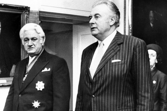 Sir John Kerr and then prime minister Gough Whitlam in the King's Hall, Parliament House, Canberra on July 11 1974.