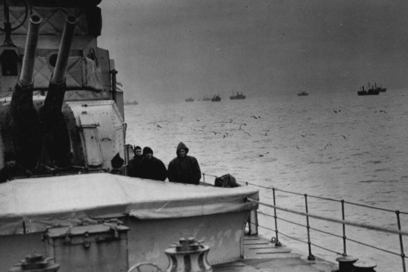 A convoy reaches harbour in 1942 after a nerve-racking Atlantic crossing.