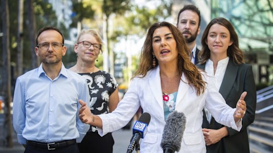 Lidia Thorpe’s view on treaty put her at odds with many Greens members and voters. She is pictured here with (from left) Greens leader Adam Bandt, Senator Janet Rice and Greens candidates.  