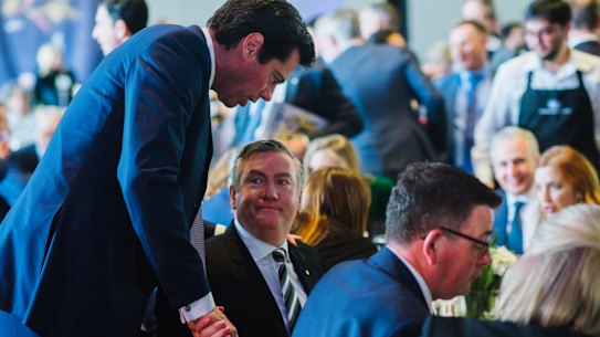 Eddie McGuire, with Victorian Premier Daniel Andrews and AFL boss Gil McLachlan on grand final day 2018. 