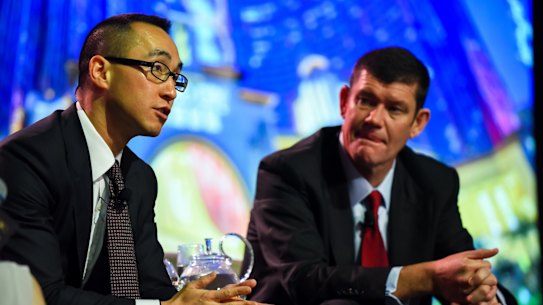 James Packer with Lawrence Ho, the Macau casino magnate who plans to buy a 19.9 per cent of Crown from Packer for $1.8 billion.