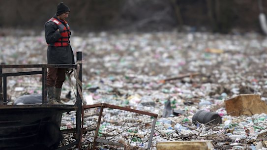 Waste plastic in the Lim river near Priboj, Serbia in January.