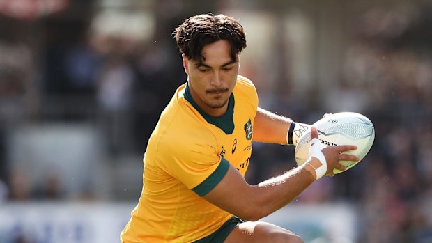 AUCKLAND, NEW ZEALAND - OCTOBER 18: Jordan Petaia of the Wallabies runs the ball during the Bledisloe Cup match between the New Zealand All Blacks and the Australian Wallabies at Eden Park on October 18, 2020 in Auckland, New Zealand. (Photo by Phil Walter/Getty Images)