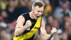 BRISBANE, AUSTRALIA - OCTOBER 24: Jack Riewoldt of the Tigers celebrates kicking a goal during the 2020 AFL Grand Final match between the Richmond Tigers and the Geelong Cats at The Gabba on October 24, 2020 in Brisbane, Australia. (Photo by Quinn Rooney/Getty Images)