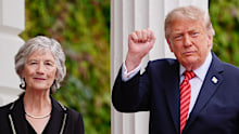 Ireland’s President Catherine Connolly, left, greets Donald Trump during a meeting at Áras an Uachtaráin in Dublin.