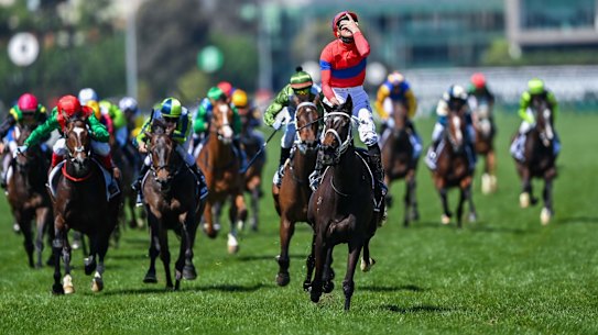 James McDonald on Verry Elleegant wins Melbourne Cup at Flemington racecourse 2nd November 2021, The Age news Picture by JOE ARMAO