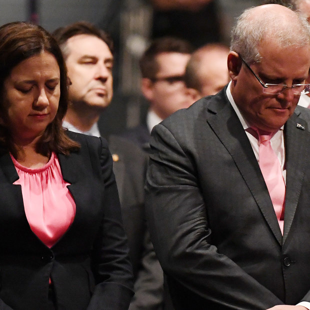 Queensland Premier Annastacia Palaszczuk, Australian Prime Minister Scott Morrison and Queensland Ppposition Leader Deb Frecklington are seen during the funeral for Hannah Clarke and her three children