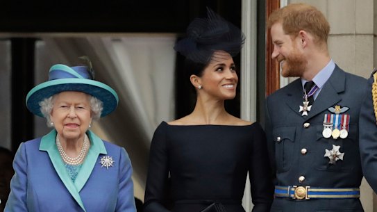 The Queen with Meghan, the Duchess of Sussex, Prince Harry, Prince Harry and Catherine, the Duchess of Cambridge on the balcony of Buckingham Palace. 