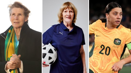 Inaugural Matildas captain Julie Dolan, 1975 representative Trixie Tagg, and current Australia skipper Sam Kerr.