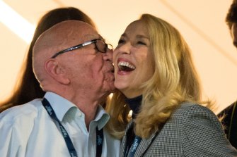 Rupert Murdoch and Jerry Hall attend the 2015 Rugby World Cup final between Australia and New Zealand in Twickenham on October 31, 2015.