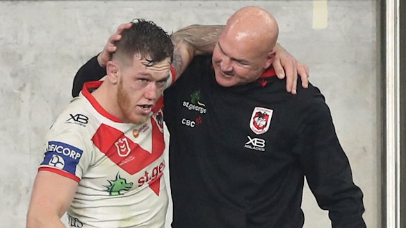 Cam McInnes and Paul McGregor after McGregor's final game as Dragons coach.