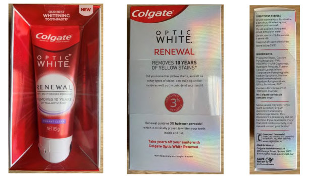 Colgate's Optic White product with the slogan its rival Oral B believes is misleading.