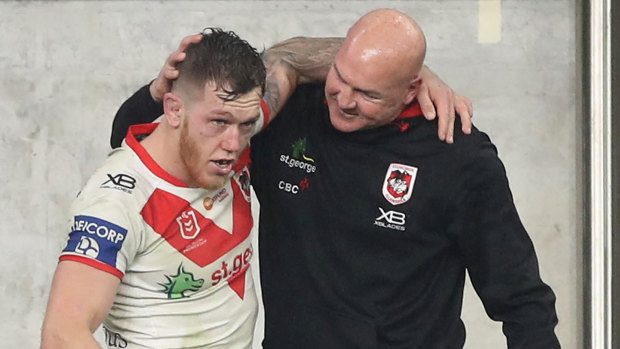 Cam McInnes and Paul McGregor after McGregor's final game as Dragons coach.