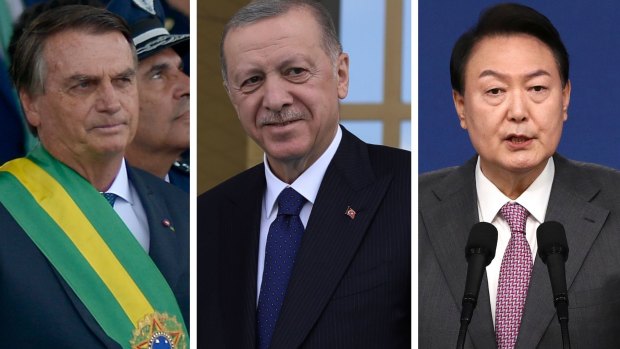 Brazilian President Jair Bolsonaro, Turkish President Recep Tayyip Erdoğan, South Korean President Yoon Suk-Yeol.