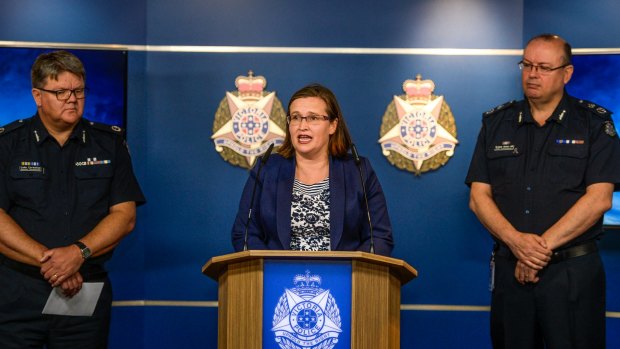 A Victoria Police press conference in 2015 responding to the Victorian Equal Opportunity Human Rights Commission report into sexual harassment in Victoria Police. Chief Commissioner Graham Ashton,  (then) VEOHRC Commissioner Kate Jenkins and Assistant Commissioner Luke Cornelius (left)